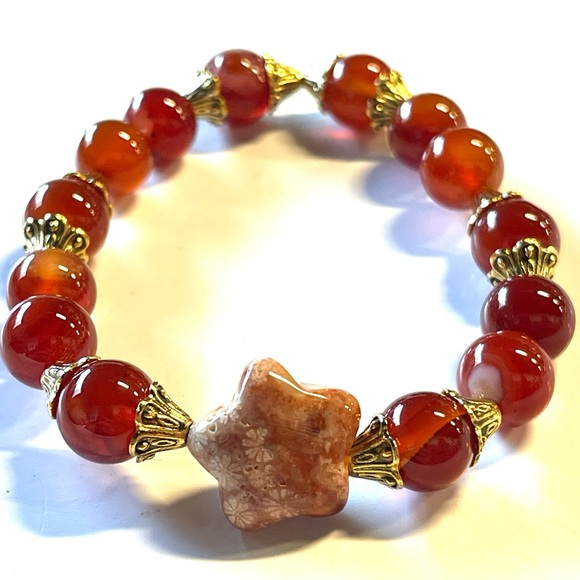 Natural Red Carnelian Bracelet with Coral Jasper Star Crystal Gemstone - Picture 4 of 6